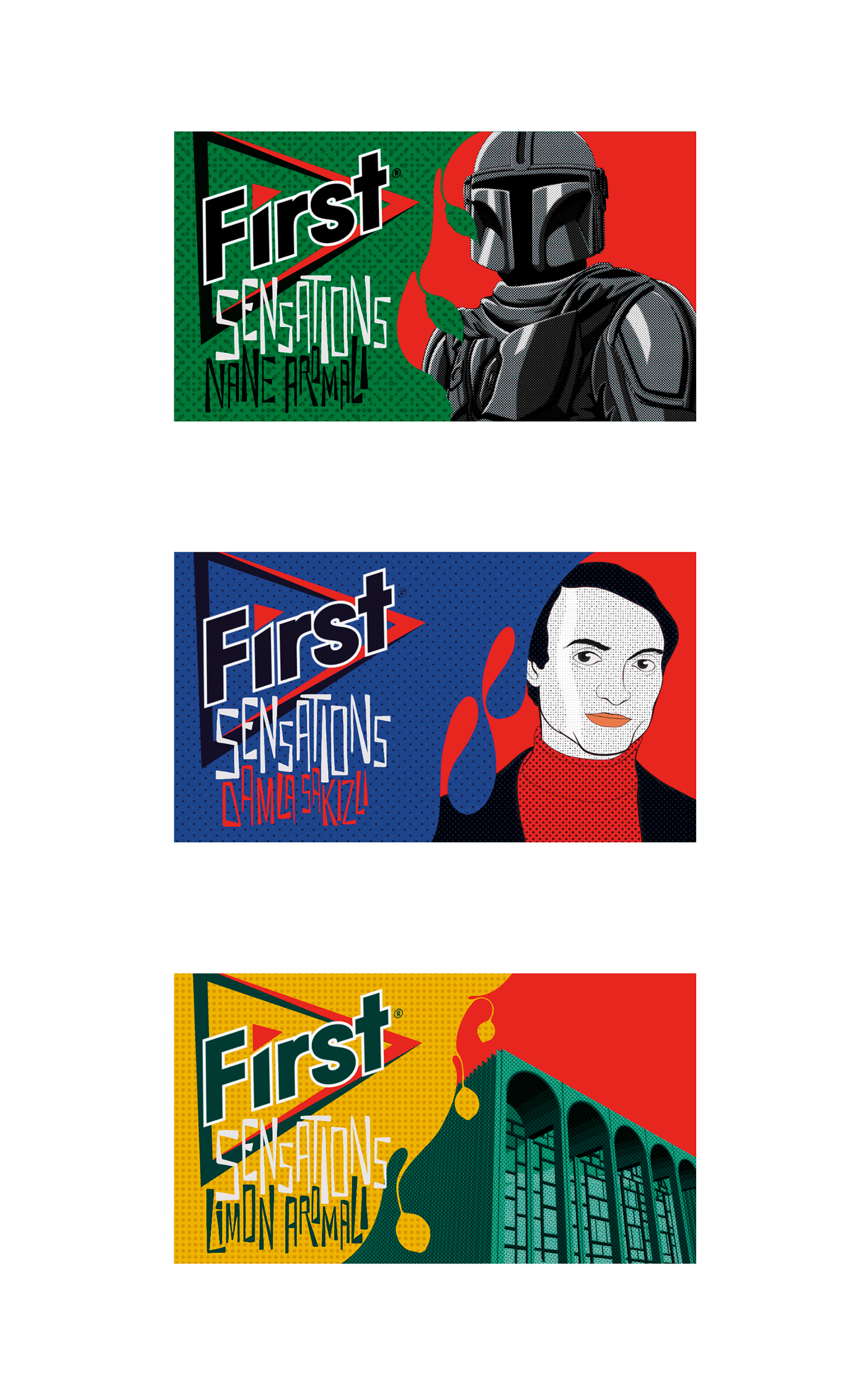 First Gum – the three packs, in green, blue and yellow