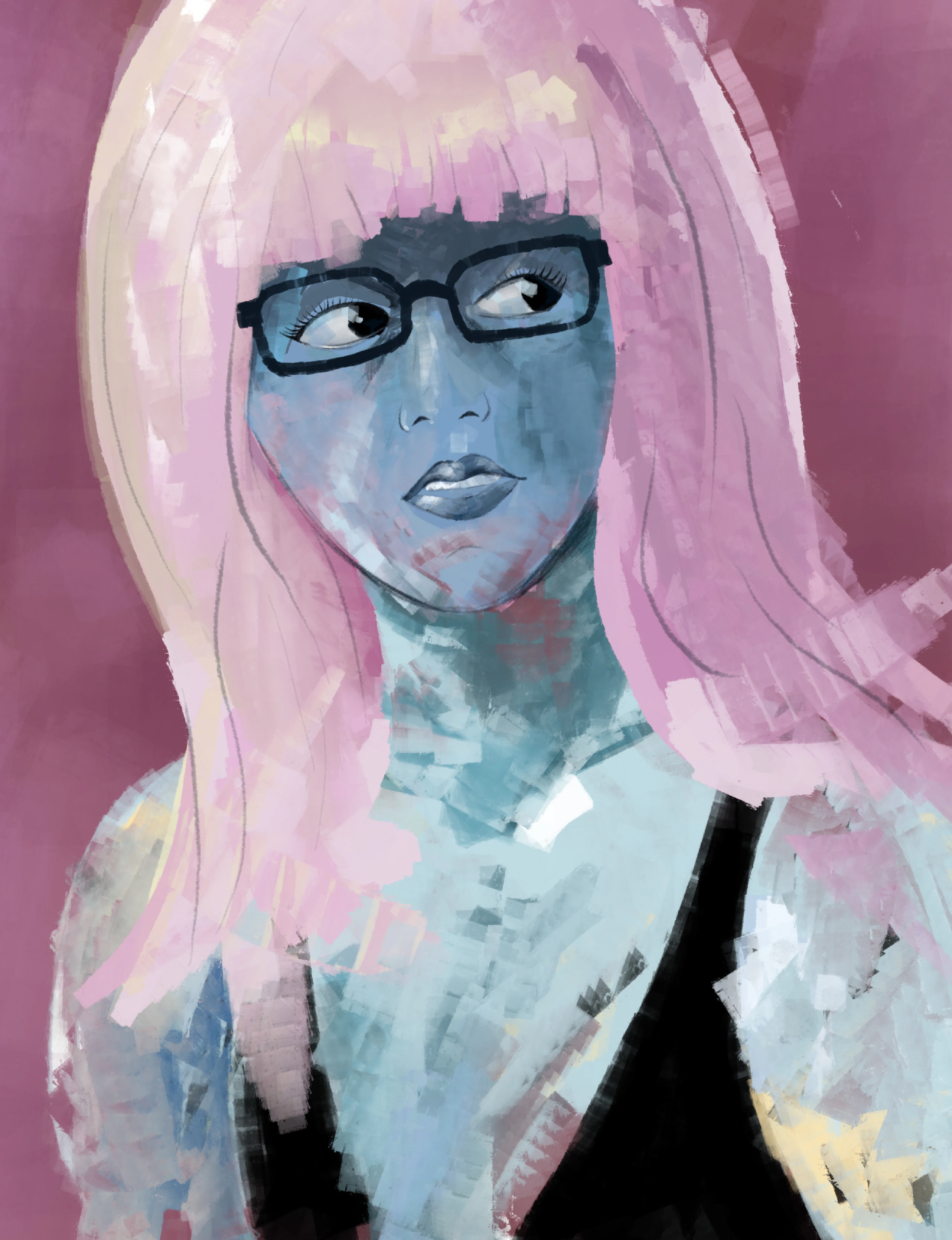 Illustrations – a blue face with glasses and pink hair