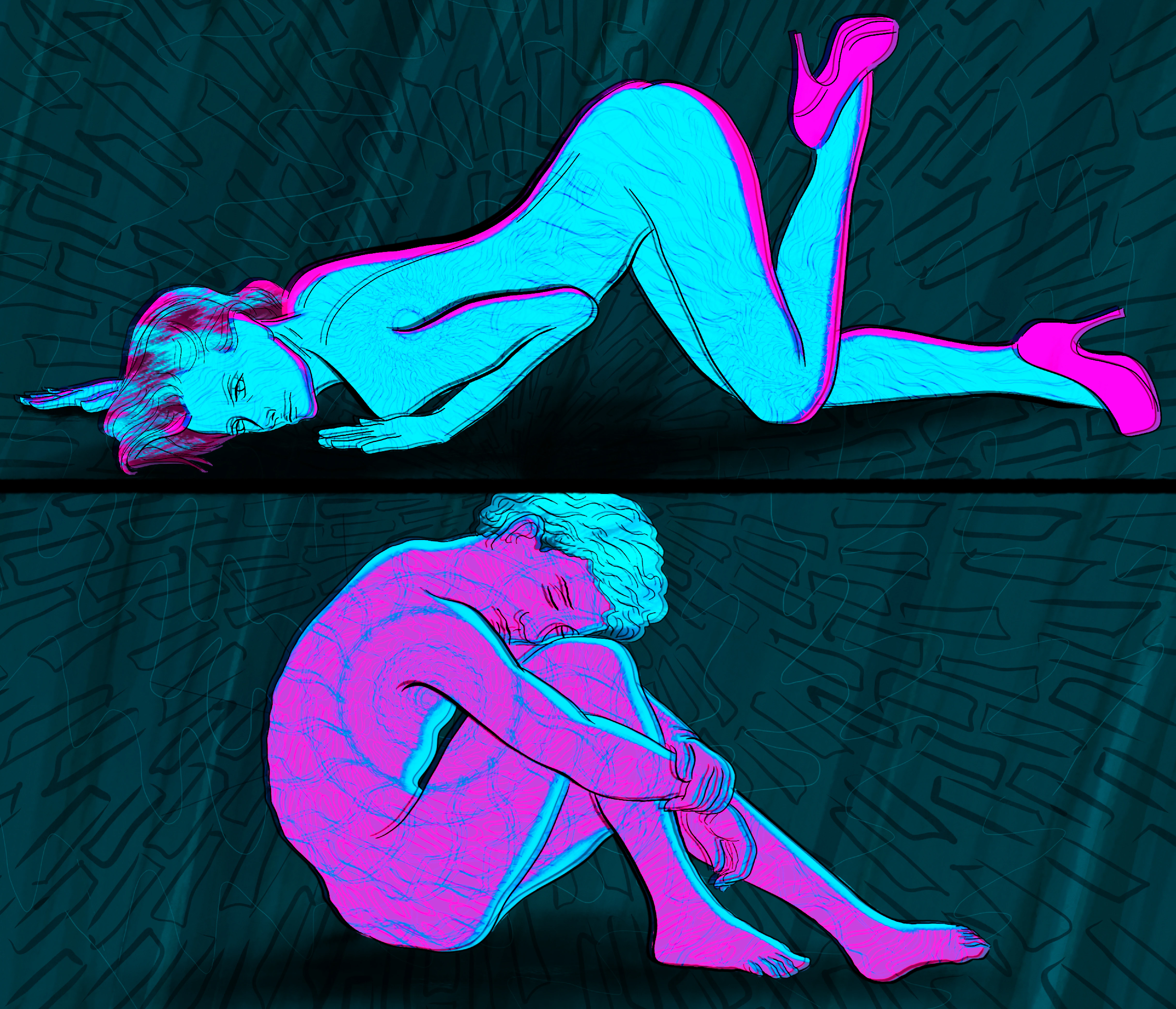 Illustrations – two figures in cyan and pink