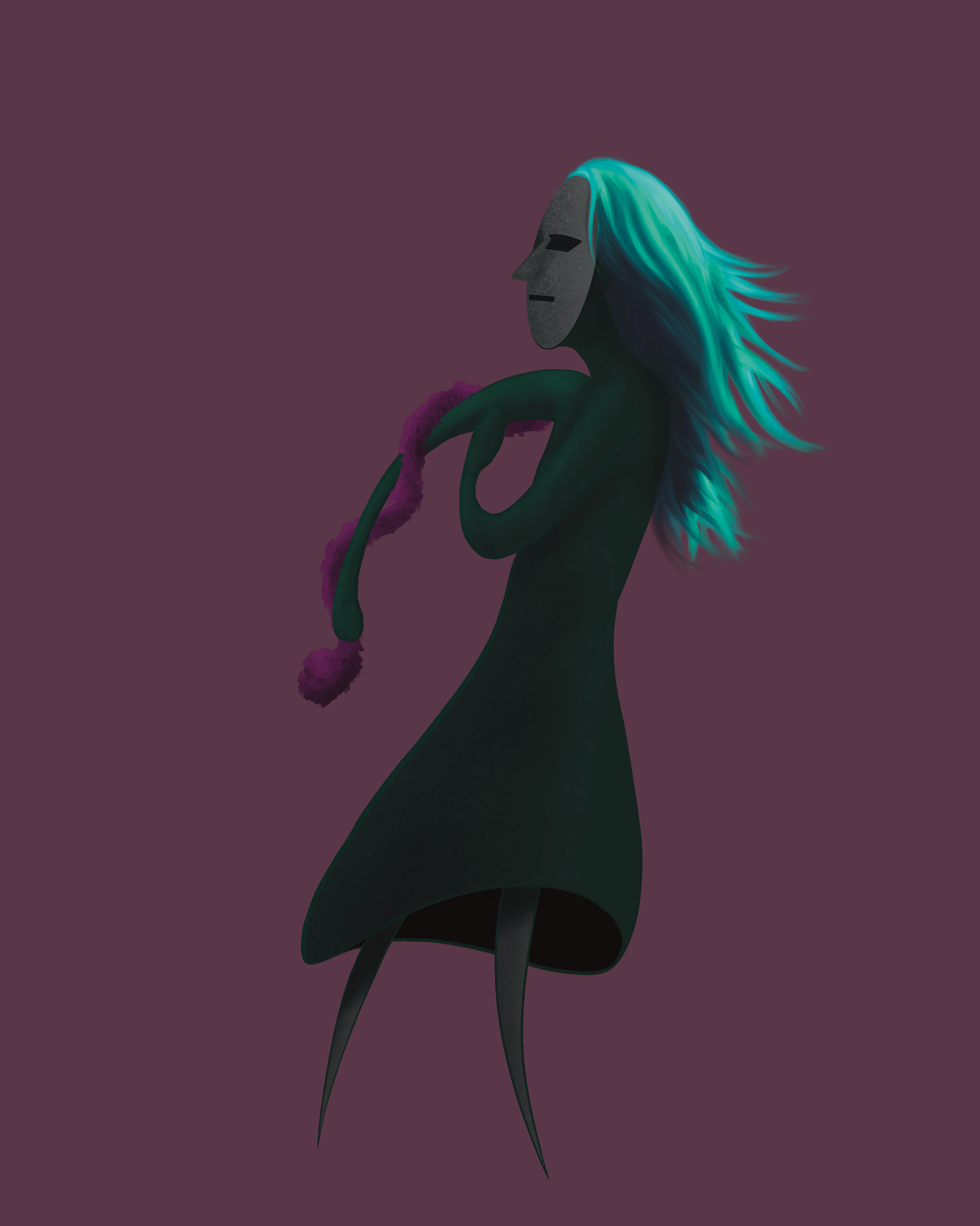 Illustrations – a figure with green hair in a dark dress