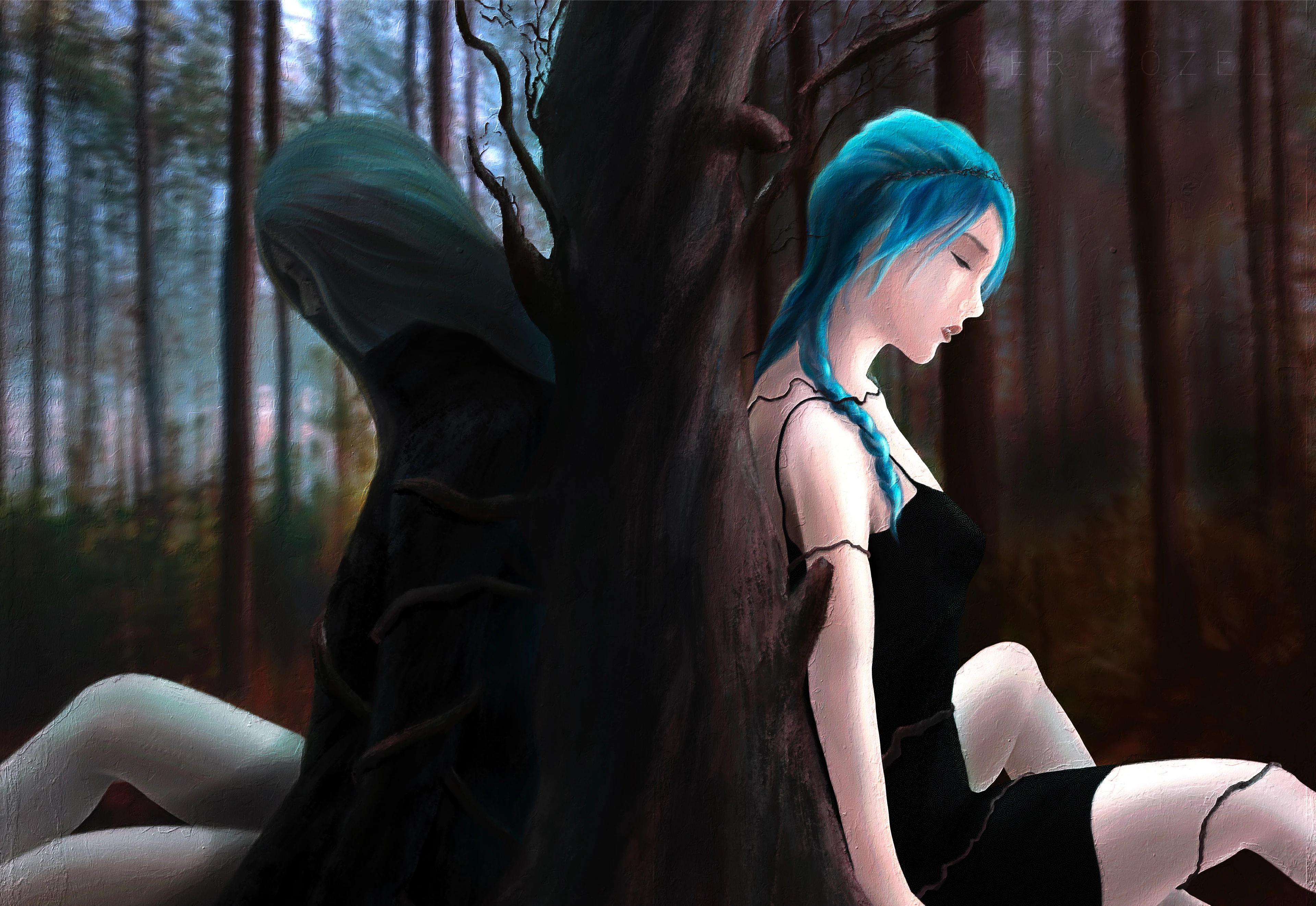 Illustrations – a woman resting against a tree in a forest