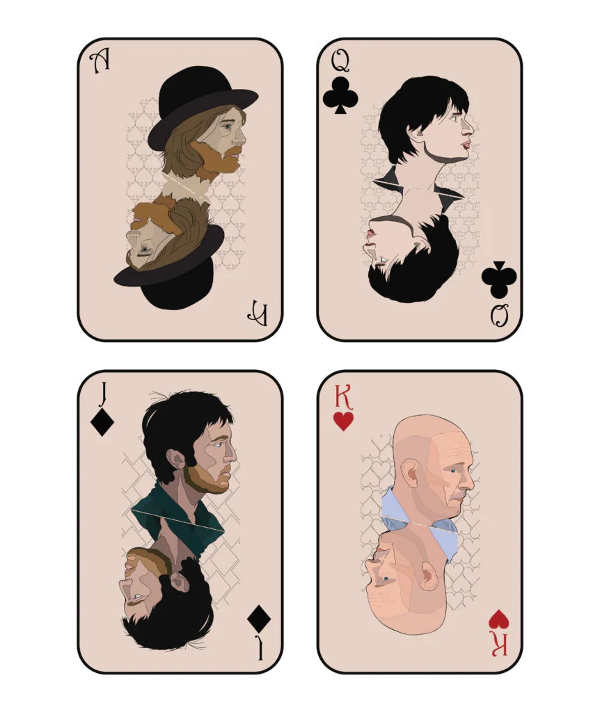 Illustrations – Radiohead as playing cards: an ace, queen, jack and king