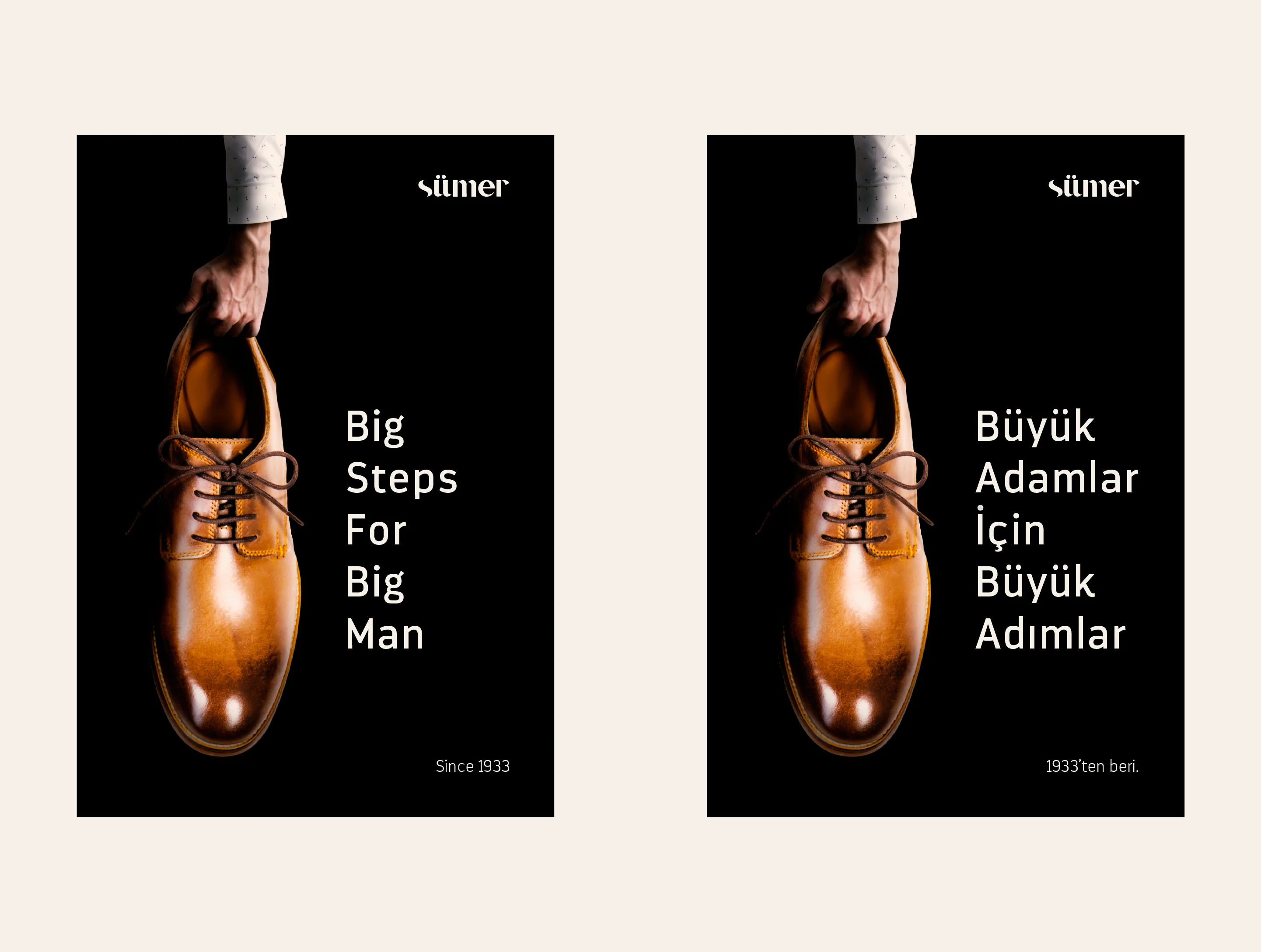 Sümer – the ‘Big Steps’ poster in English and Turkish, a hand holding a brown leather shoe