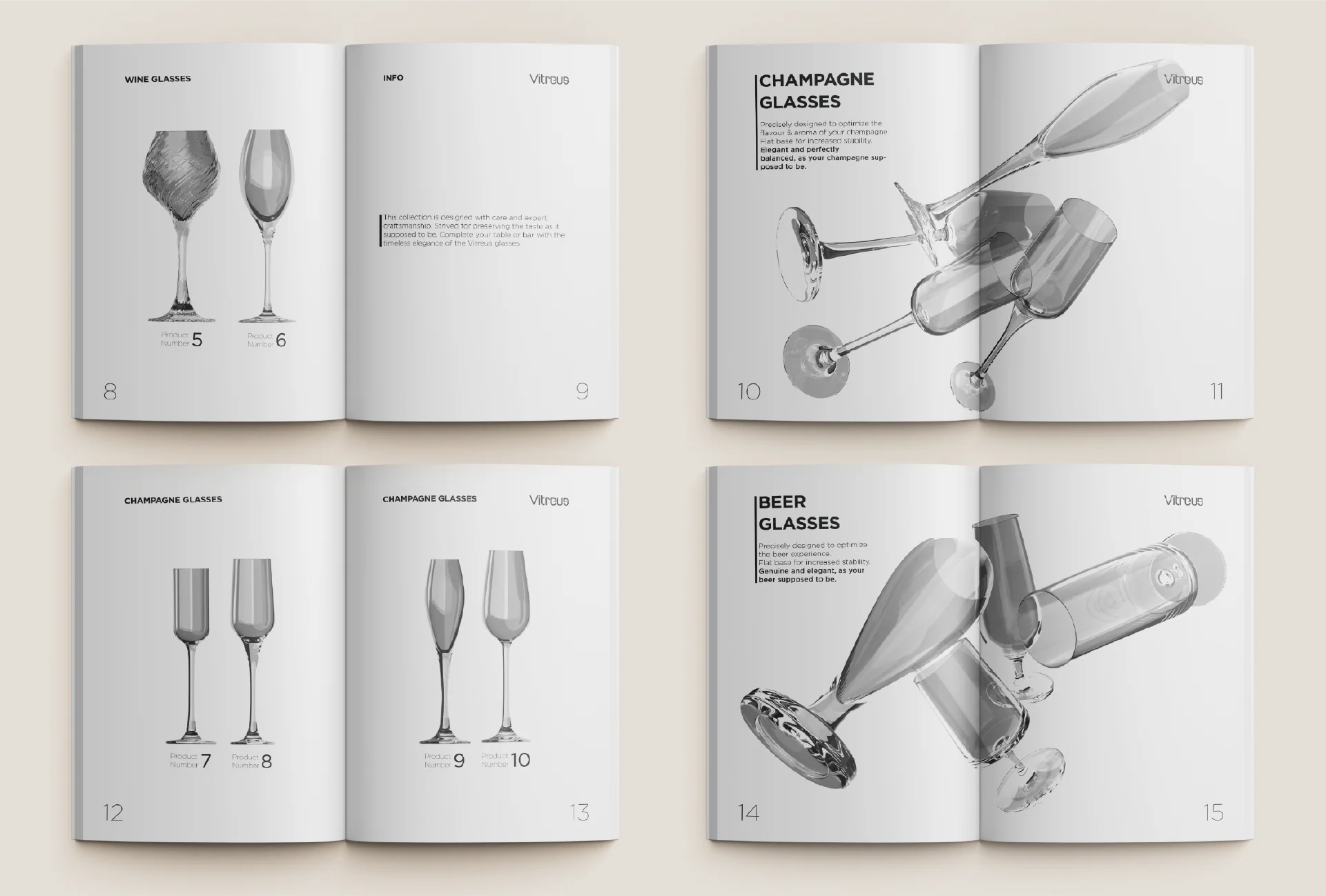 Vitreus Glassware – booklet spreads: champagne and beer glasses