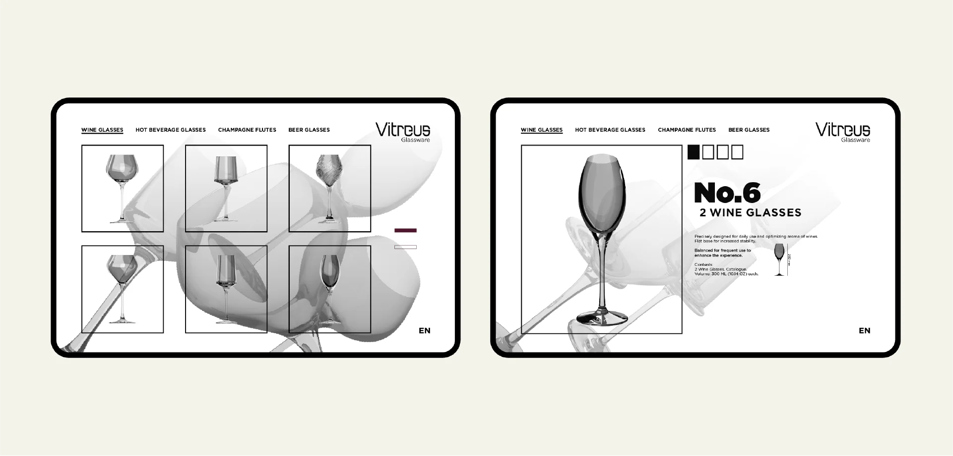Vitreus Glassware – website, a product page for two wine glasses