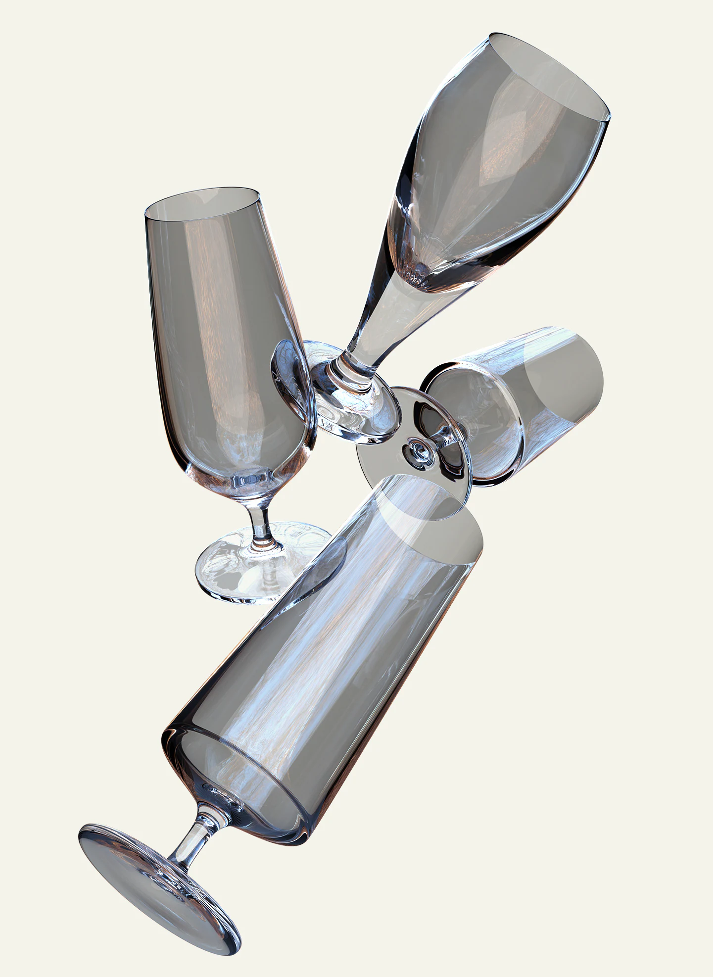 Vitreus Glassware – flutes and tumblers in a cascade, on cream