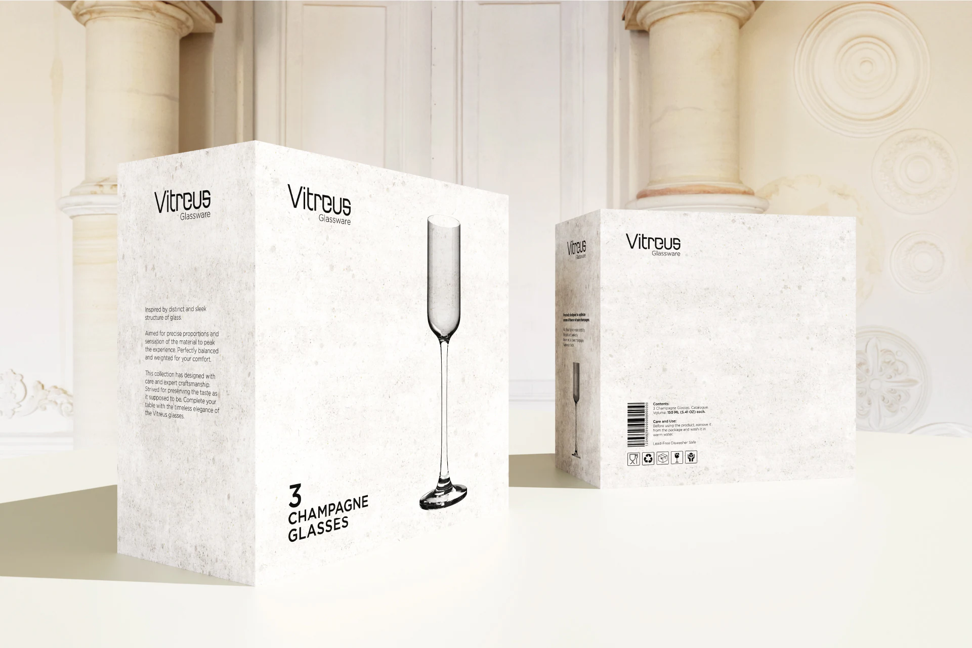 Vitreus Glassware – box for three champagne flutes, a straight flute