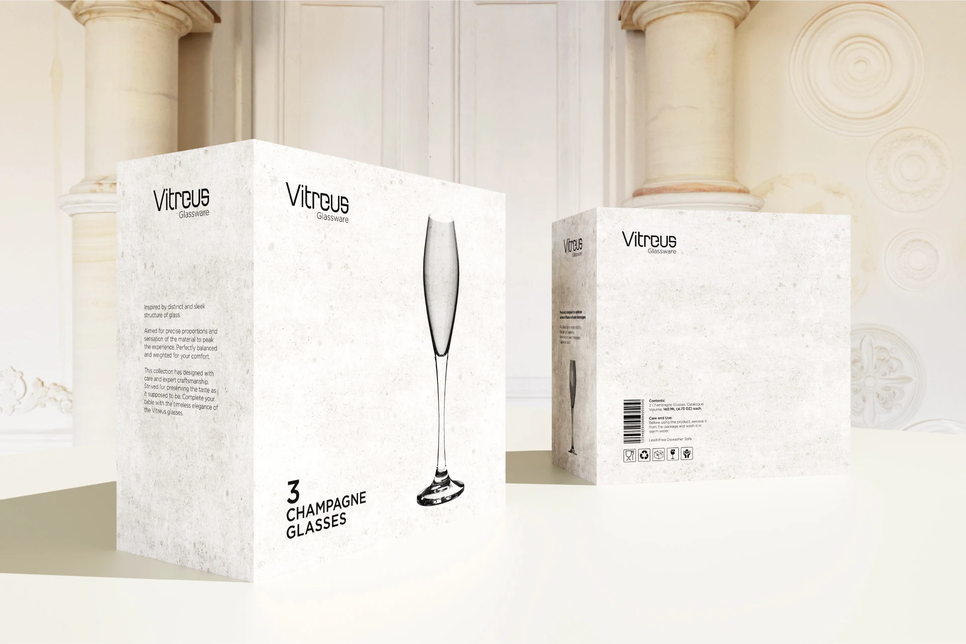 Vitreus Glassware – box for three champagne flutes, a flared rim