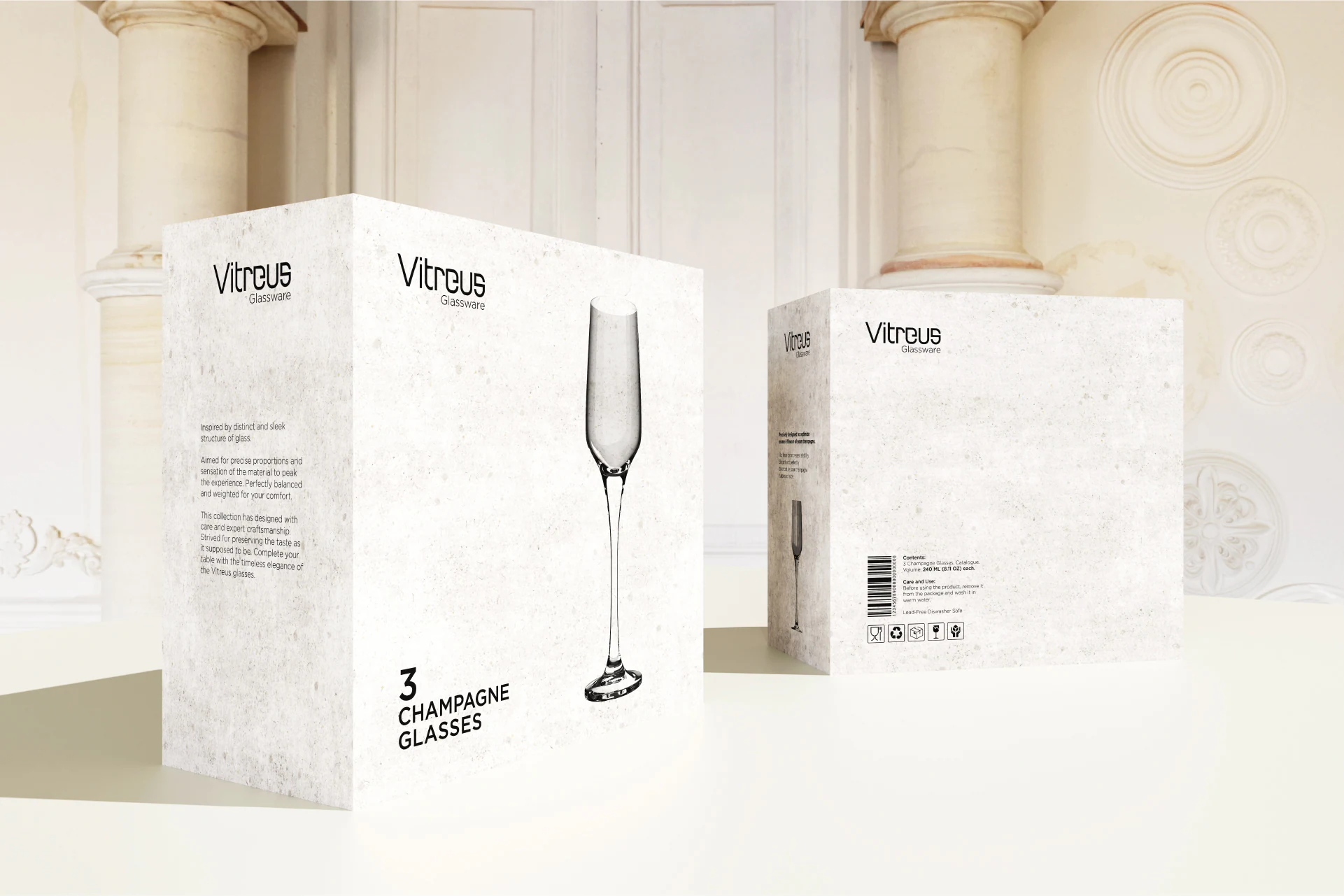 Vitreus Glassware – box for three champagne flutes, a long slender stem